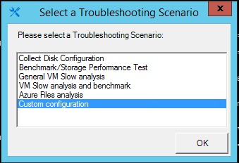 Screenshot della finestra di dialogo Selezionare uno scenario di risoluzione dei problemi in cui è selezionata la configurazione personalizzata.