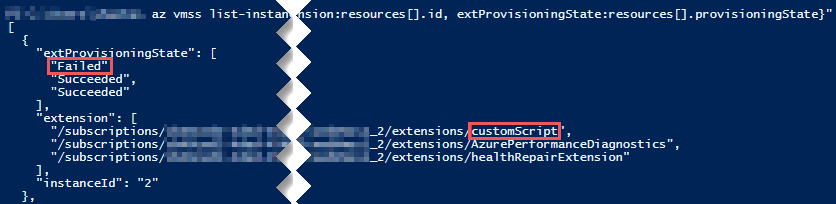 Screenshot dell'output che mostra lo stato di provisioning e i nomi di estensione corrispondenti.