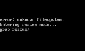 Screenshot dell'errore del file system sconosciuto di GRUB.