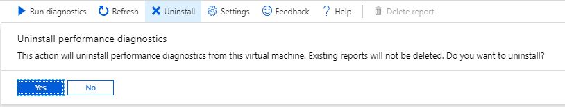 Screenshot della barra degli strumenti della schermata Diagnostica prestazioni con il pulsante Disinstalla evidenziato.