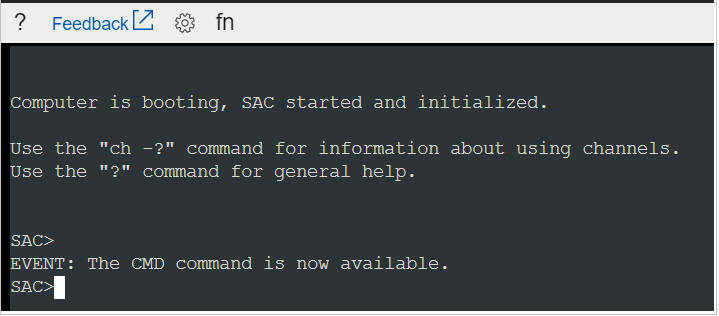 Screenshot dell'output del comando per la connessione alla console seriale, che richiede SAC>.
