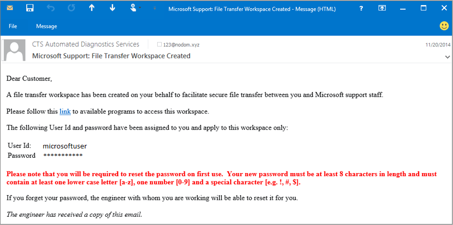 Screenshot del messaggio di esempio dal supporto Microsoft.