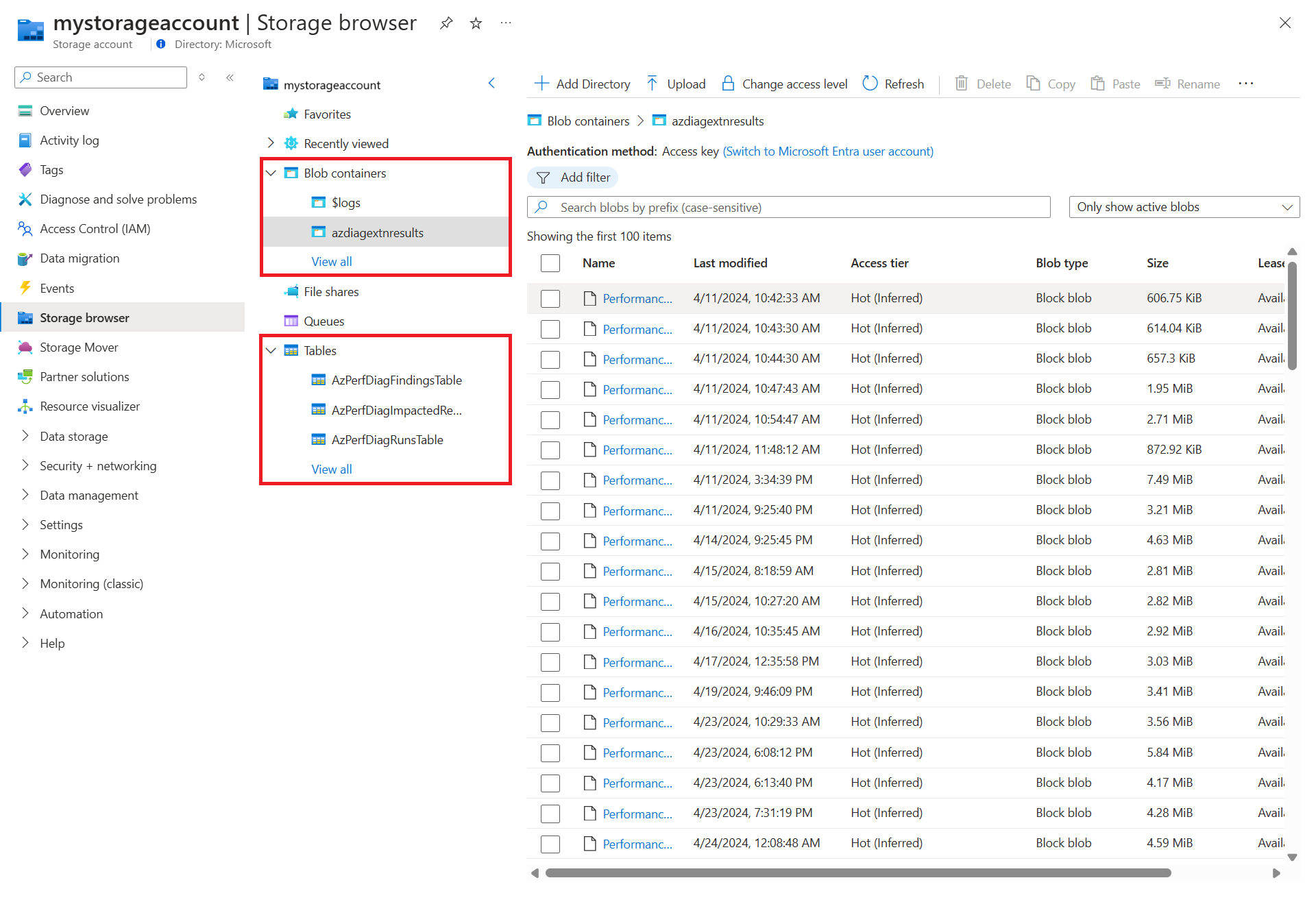 Screenshot della schermata dell'account di archiviazione che mostra le informazioni dettagliate e i file di report di Diagnostica prestazioni.