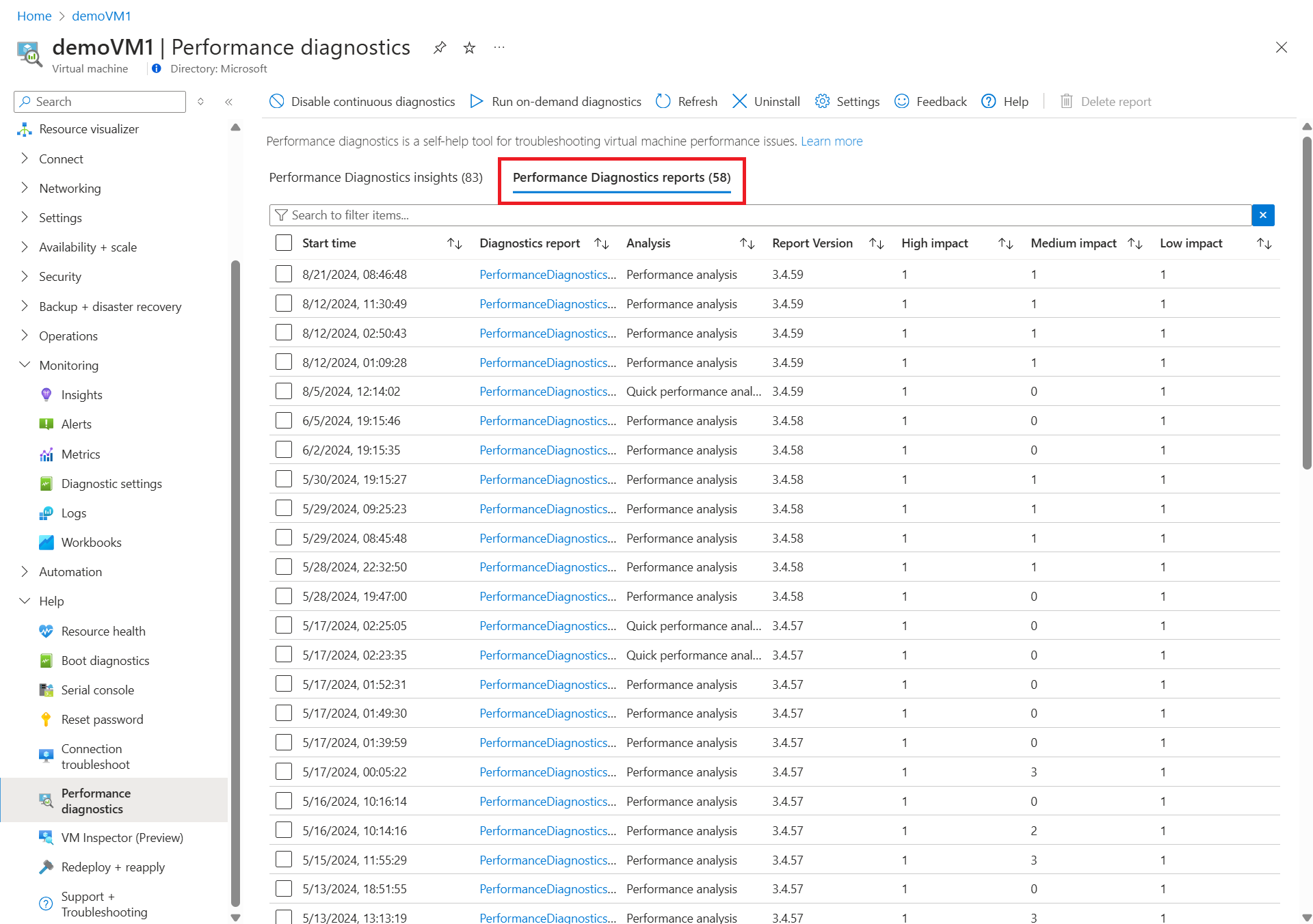 Screenshot della selezione di un report di diagnostica dal pannello Diagnostica prestazioni.