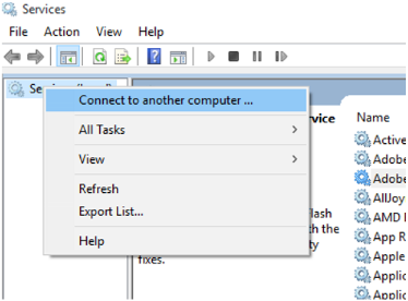 Screenshot dell'opzione Connetti a un altro computer nel menu di scelta rapida di Servizi (locale).