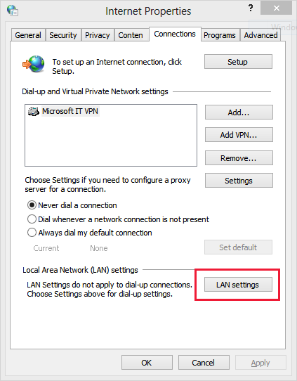 Screenshot della scheda Connessioni in Proprietà Internet. Le impostazioni LAN sono evidenziate.
