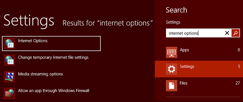 Lo screenshot visualizza la ricerca di opzioni Internet sotto Impostazioni.