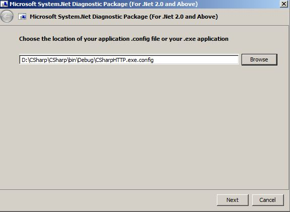 Screenshot della finestra di dialogo di selezione del file di configurazione dell'applicazione .NET.