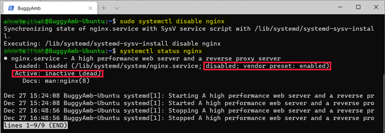 Screenshot del comando disable.