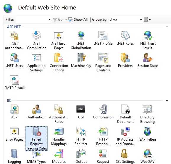 Screenshot del riquadro Home del sito Web predefinito che mostra la funzionalità Regole di traccia richieste non riuscite selezionata.