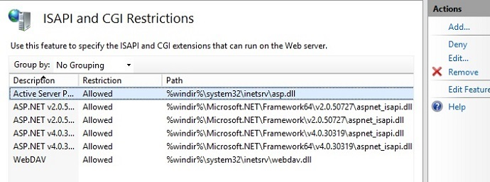 Screenshot del riquadro Restrizioni I S A P I e C G I che mostra le pagine di Active Server selezionate. L'opzione Nega è selezionata nel riquadro Azioni.