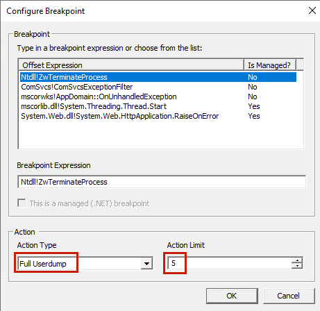 Screenshot della finestra Configura punto di interruzione.