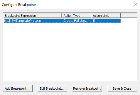 Screenshot di Save&Close nella finestra Configura punto di interruzione.