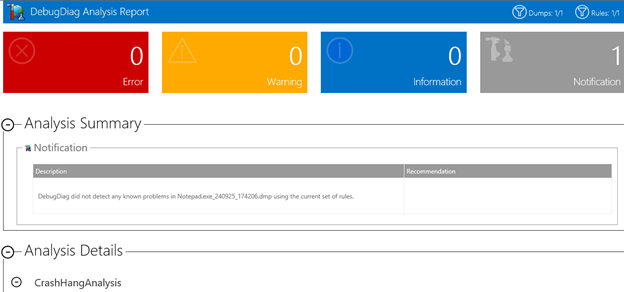 Screenshot di DebugDiag Analysis Report.
