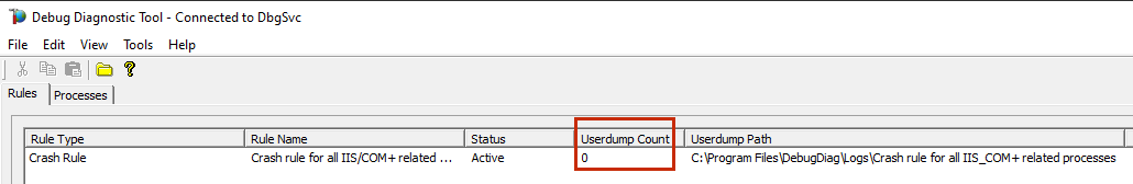 Screenshot della colonna Userdump Count.