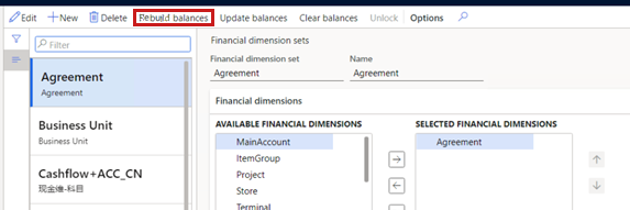 Screenshot che mostra la pagina Set di dimensioni finanziari.