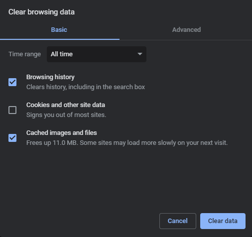 Screenshot che mostra come cancellare i dati di navigazione per Google Chrome.