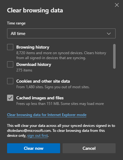 Screenshot che mostra come cancellare i dati di esplorazione per Microsoft Edge.