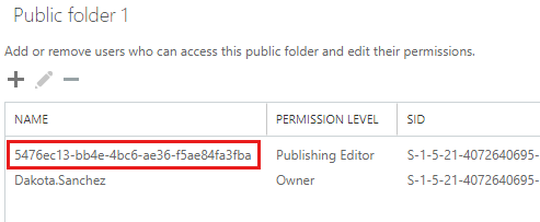 Screenshot di una finestra delle autorizzazioni per le cartelle pubbliche che mostra un GUID nel campo Nome.