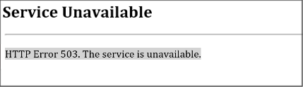 Screenshot dell'errore HTTP 503. Il servizio non è disponibile.