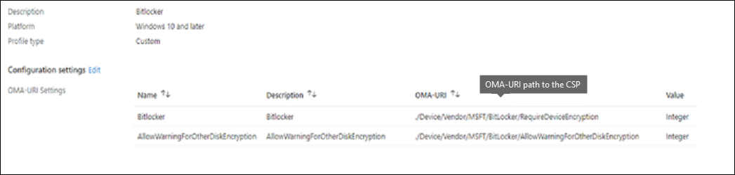 Screenshot del percorso URI OMA del provider di servizi di configurazione.