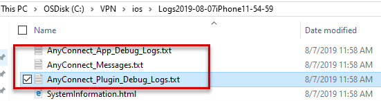 Screenshot che mostra la cartella con i file di log di debug.