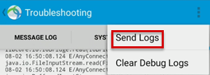 Screenshot che mostra la funzione Invia log.
