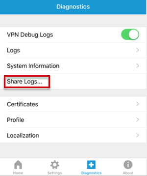 Screenshot che mostra la funzione Share Logs.