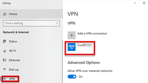 Screenshot che mostra il profilo VPN in Rete & Internet.