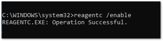 Screenshot di esempio per abilitare ReAgentC.exe nel prompt dei comandi. Eseguire il comando reagentc /enable