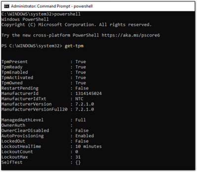 Screenshot di esempio di un TPM presente e attivo in una finestra di PowerShell.