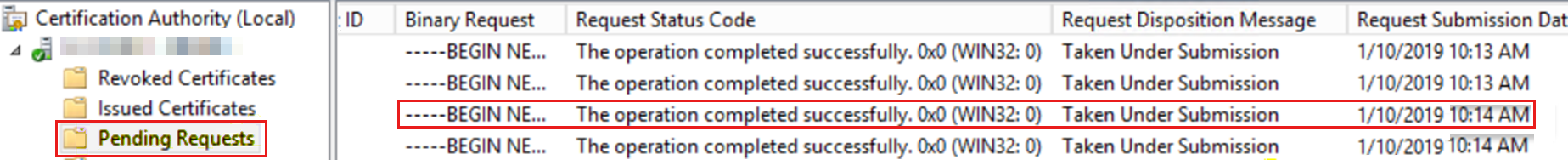 Screenshot della cartella Delle richieste in sospeso dell'Autorità di certificazione.