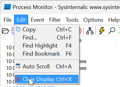 Screenshot di Process Monitor con l'opzione Cancella schermo evidenziata.