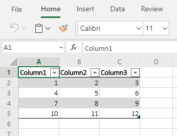 Screenshot che mostra che i dati di Excel sono formattati come tabella.