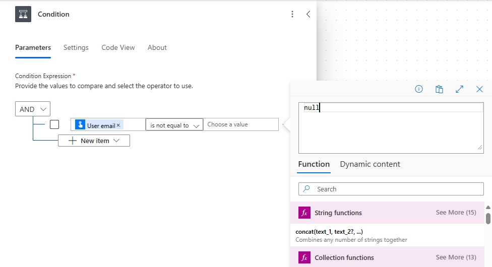 Screenshot dell'impostazione del valore della condizione.