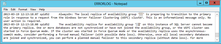 Screenshot del log degli errori SQL Server nel caso 3.