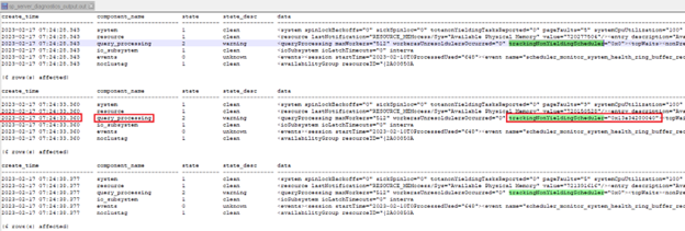 Screenshot che mostra sp_server_diagnostics'output è stato concatenato.