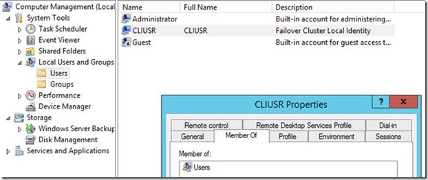 Screenshot delle proprietà CLIUSR in Gestione computer.