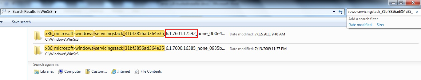 Screenshot del risultato della ricerca del nome della sottocartella nella directory C:\Windows\WinSxS.