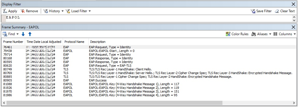 Screenshot dei dati di acquisizione pacchetti sul lato client.