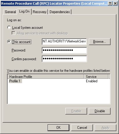 Screenshot della scheda Accesso della finestra di dialogo Proprietà localizzatore RPC (Remote Procedure Call) (Computer locale).