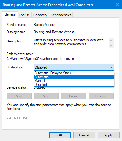 Screenshot dell'opzione Tipo di avvio nella scheda Generale della finestra di dialogo Proprietà routing e accesso remoto (computer locale).