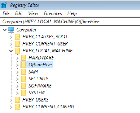 Screenshot della Editor del Registro di sistema con l'opzione OfflineHive selezionata.