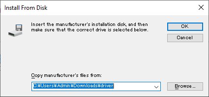 Screenshot della casella di input Copia i file del produttore da: nella finestra di dialogo Installa da disco.