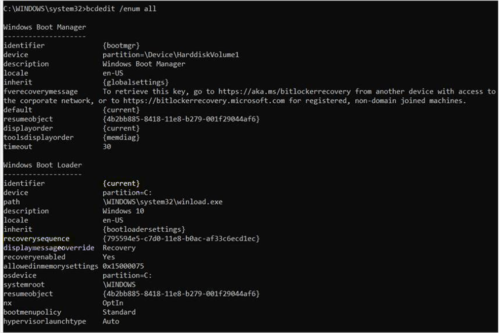Screenshot dell'output del comando bcdedit /enum all.