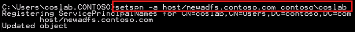 Screenshot per il risultato del comando setspn, che consiste nell'aggiungere il nome dell'entità servizio.