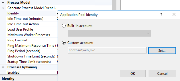 Configurare l'identità del pool di applicazioni come account del servizio personalizzato.