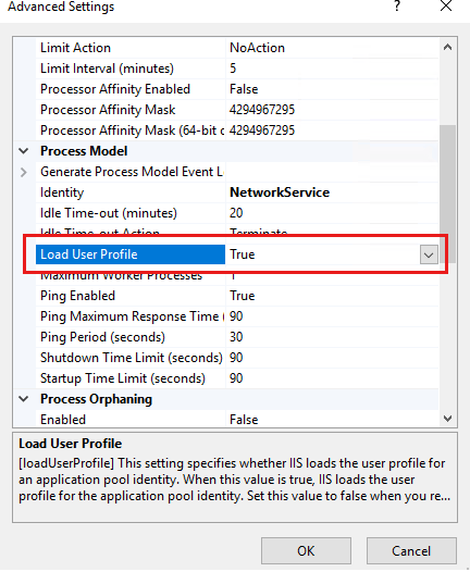 Impostare Load User Profile (Carica profilo utente) su True nelle impostazioni avanzate.