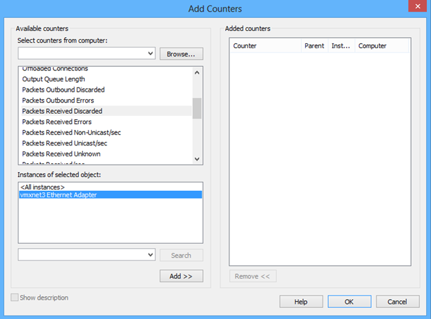 Screenshot della finestra Aggiungi contatori in Monitor prestazioni che mostra il contatore Pacchetti ricevuti scartati.