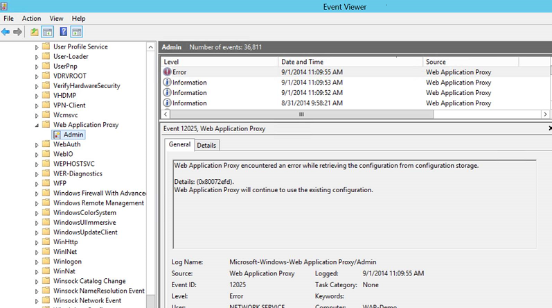 Screenshot del Visualizzatore eventi che mostra gli eventi correlati alla Application Proxy Web.